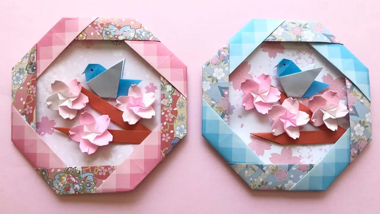 折り紙 桜の花と小鳥のリース 折り方 Origami bird and Sakura flower